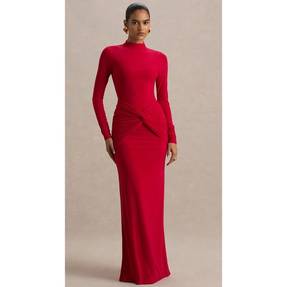Club L London Alula High‎ Neck Twist Waist Maxi Dress Red Size 10 New With Tags